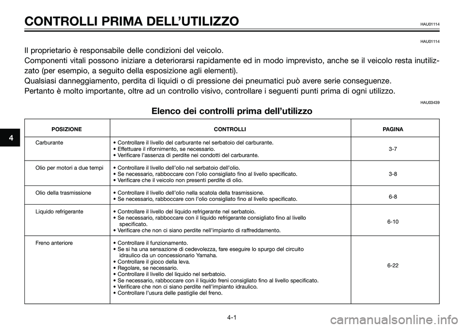 YAMAHA TZR50 2006  Manuale duso (in Italian) 4
CONTROLLI PRIMA DELL’UTILIZZOHAU01114
HAU01114
Il proprietario è responsabile delle condizioni del veicolo. 
Componenti vitali possono iniziare a deteriorarsi rapidamente ed in modo imprevisto, a