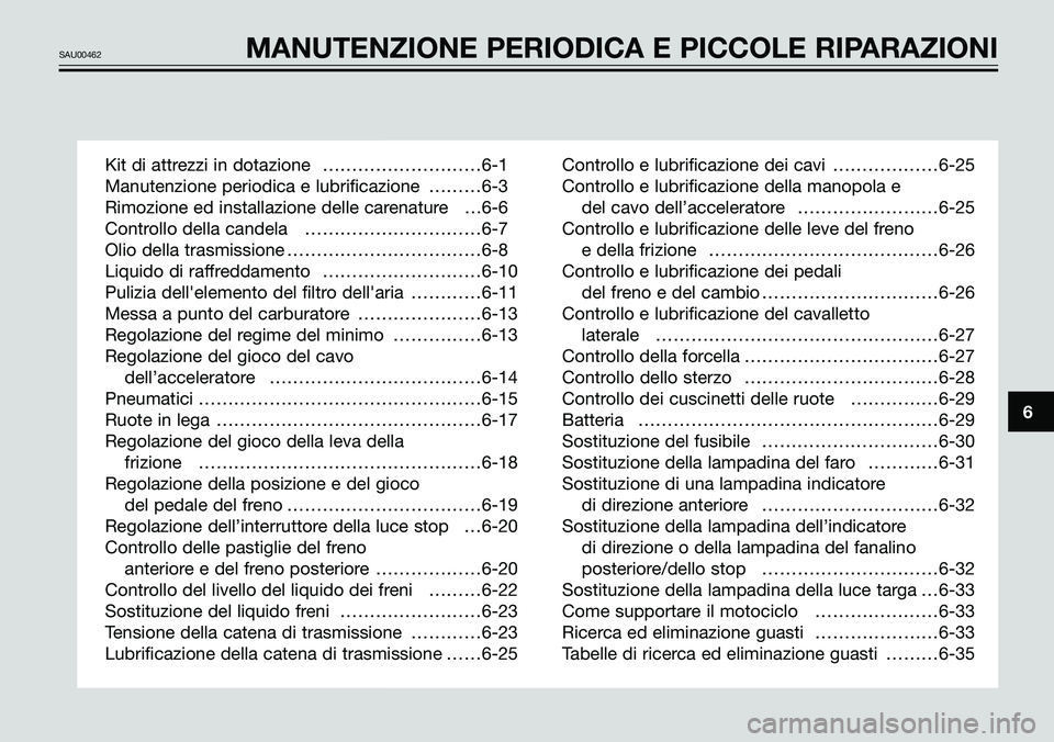 YAMAHA TZR50 2005 Manuale duso (in Italian) 6
SAU00462MANUTENZIONE PERIODICA E PICCOLE RIPARAZIONI
Kit di attrezzi in dotazione ………………………6-1
Manutenzione periodica e lubrificazione ………6-3
Rimozione ed installazione delle YAMAHA TZR50 2005 Manuale duso (in Italian) 6
SAU00462MANUTENZIONE PERIODICA E PICCOLE RIPARAZIONI
Kit di attrezzi in dotazione ………………………6-1
Manutenzione periodica e lubrificazione ………6-3
Rimozione ed installazione delle