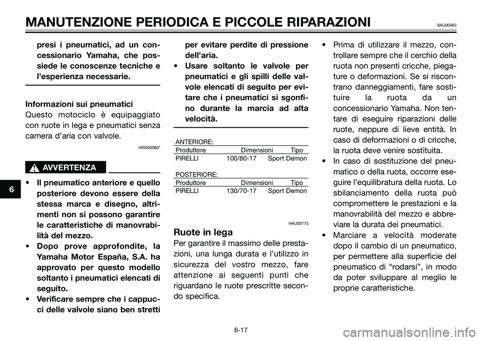 YAMAHA TZR50 2005  Manuale duso (in Italian) presi i pneumatici, ad un con-
cessionario Yamaha, che pos-
siede le conoscenze tecniche e
l’esperienza necessarie.
Informazioni sui pneumatici
Questo motociclo è equipaggiato
con ruote in lega e p