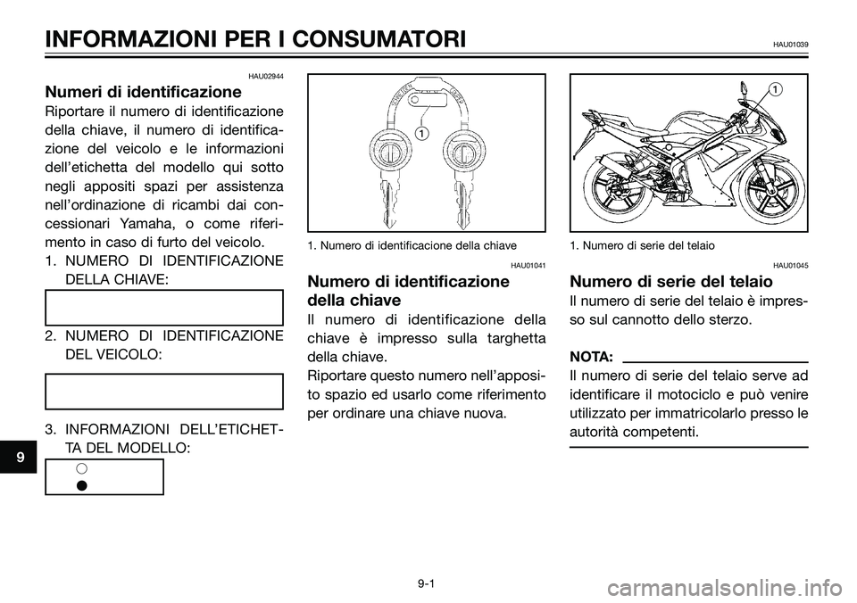 YAMAHA TZR50 2005  Manuale duso (in Italian) HAU02944
Numeri di identificazione
Riportare il numero di identificazione
della chiave, il numero di identifica-
zione del veicolo e le informazioni
dell’etichetta del modello qui sotto
negli apposi