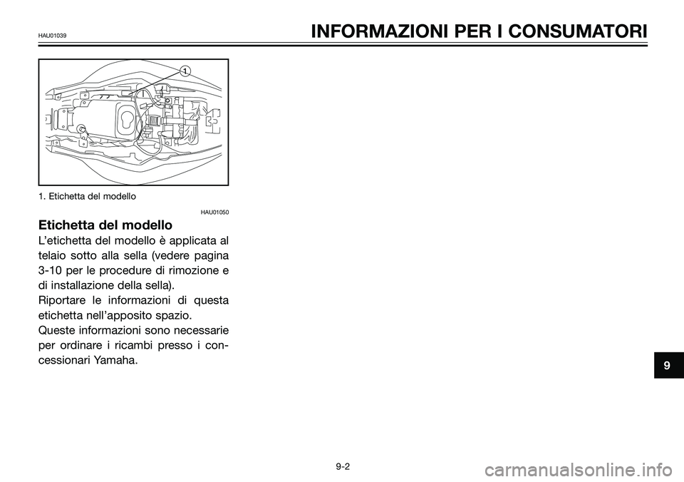 YAMAHA TZR50 2005 Manuale duso (in Italian) 1. Etichetta del modello
HAU01050
Etichetta del modello
L’etichetta del modello è applicata al
telaio sotto alla sella (vedere pagina
3-10 per le procedure di rimozione e
di installazione della sel YAMAHA TZR50 2005 Manuale duso (in Italian) 1. Etichetta del modello
HAU01050
Etichetta del modello
L’etichetta del modello è applicata al
telaio sotto alla sella (vedere pagina
3-10 per le procedure di rimozione e
di installazione della sel