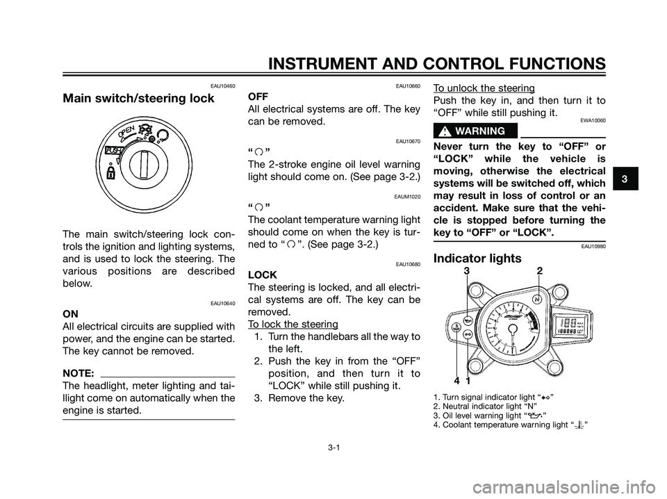 YAMAHA TZR50 2004 User Guide EAU10460
Main switch/steering lock
The main switch/steering lock con-
trols the ignition and lighting systems,
and is used to lock the steering. The
various positions are described
below.
EAU10640
ON
