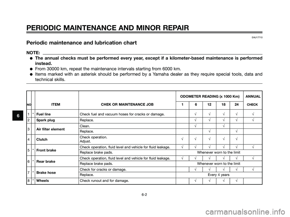 YAMAHA TZR50 2004 Owners Guide EAU17710
Periodic maintenance and lubrication chart
NOTE:
The annual checks must be performed every year, except if a kilometer-based maintenance is performed
instead.
From 30000 km, repeat the main