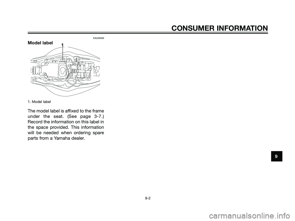 YAMAHA TZR50 2004 Repair Manual EAU26480
Model label
1. Model label
The model label is affixed to the frame
under the seat. (See page 3-7.)
Record the information on this label in
the space provided. This information
will be needed YAMAHA TZR50 2004 Repair Manual EAU26480
Model label
1. Model label
The model label is affixed to the frame
under the seat. (See page 3-7.)
Record the information on this label in
the space provided. This information
will be needed