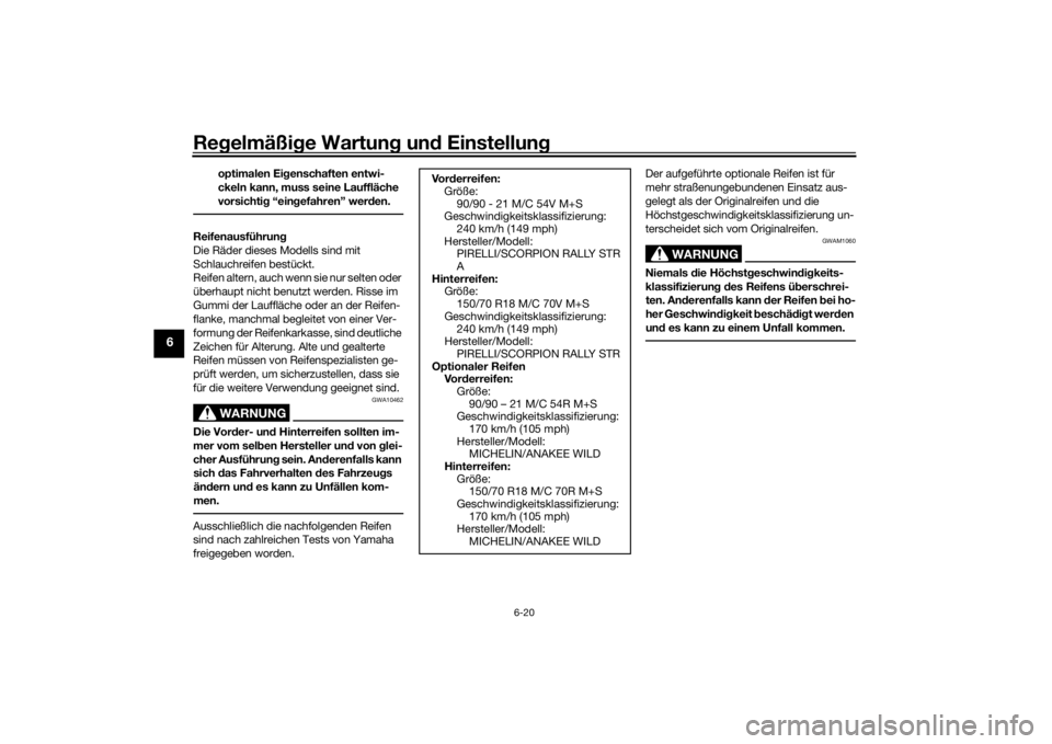 YAMAHA TENERE 700 2022  Betriebsanleitungen (in German) Regelmäßi ge Wartun g un d Einstellun g
6-20
6
optimalen Ei genschaften entwi-
ckeln kann, muss seine Lauffläche 
vorsichti g “ein gefahren” wer den.
Reifenausführun g
Die Räder dieses Modell
