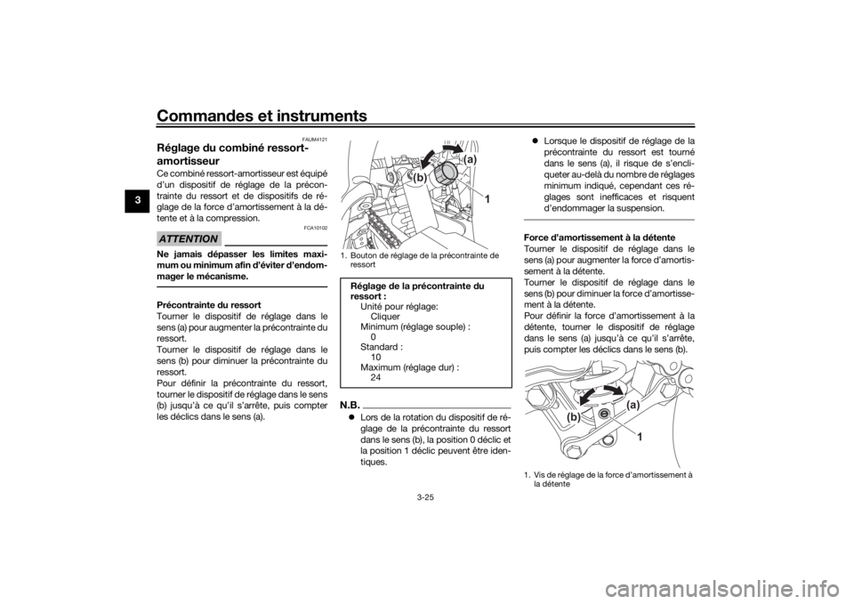 YAMAHA TENERE 700 2022 Notices Demploi (in French) Commandes et instruments
3-25
3
FAUM4121
Réglage du combiné ressort-
amortisseurCe combiné ressort-amortisseur est équipé
d’un dispositif de réglage de la précon-
trainte du ressort et de di YAMAHA TENERE 700 2022 Notices Demploi (in French) Commandes et instruments
3-25
3
FAUM4121
Réglage du combiné ressort-
amortisseurCe combiné ressort-amortisseur est équipé
d’un dispositif de réglage de la précon-
trainte du ressort et de di