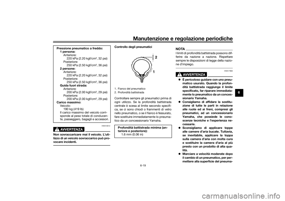 YAMAHA TENERE 700 2022  Manuale duso (in Italian) Manutenzione e regolazione perio diche
6-19
6
AVVERTENZA
HWA10512
Non sovraccaricare mai il veicolo. L’uti-
lizzo  di un veicolo sovraccarico può pro-
vocare inci denti.
Controllo  deg li pneumatic