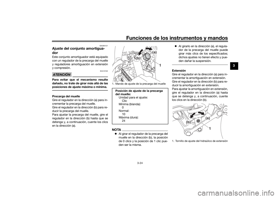 YAMAHA TENERE 700 2021  Manuale de Empleo (in Spanish) Funciones de los instrumentos y man dos
3-24
3
SAUM4121
Ajuste  del conjunto amortigua-
d orEste conjunto amortiguador está equipado
con un regulador de la precarga del muelle
y reguladores amortigua