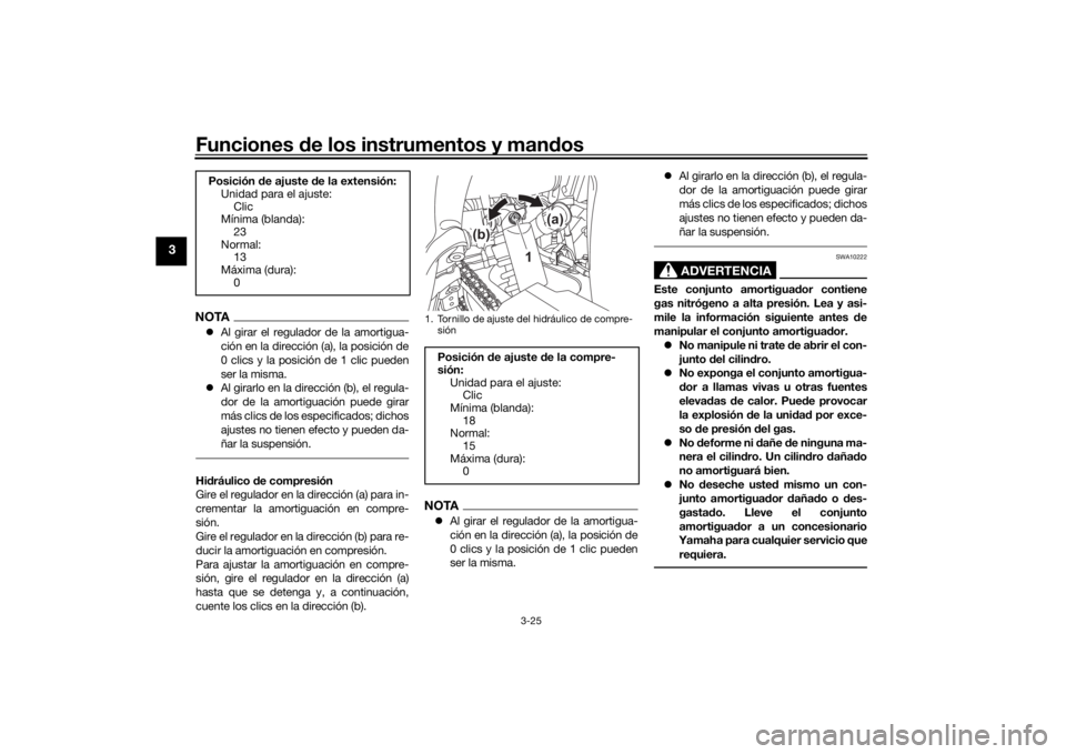 YAMAHA TENERE 700 2021  Manuale de Empleo (in Spanish) Funciones de los instrumentos y man dos
3-25
3
NOTA Al girar el regulador de la amortigua-
ción en la dirección (a), la posición de
0 clics y la posición de 1 clic pueden
ser la misma.
 Al g