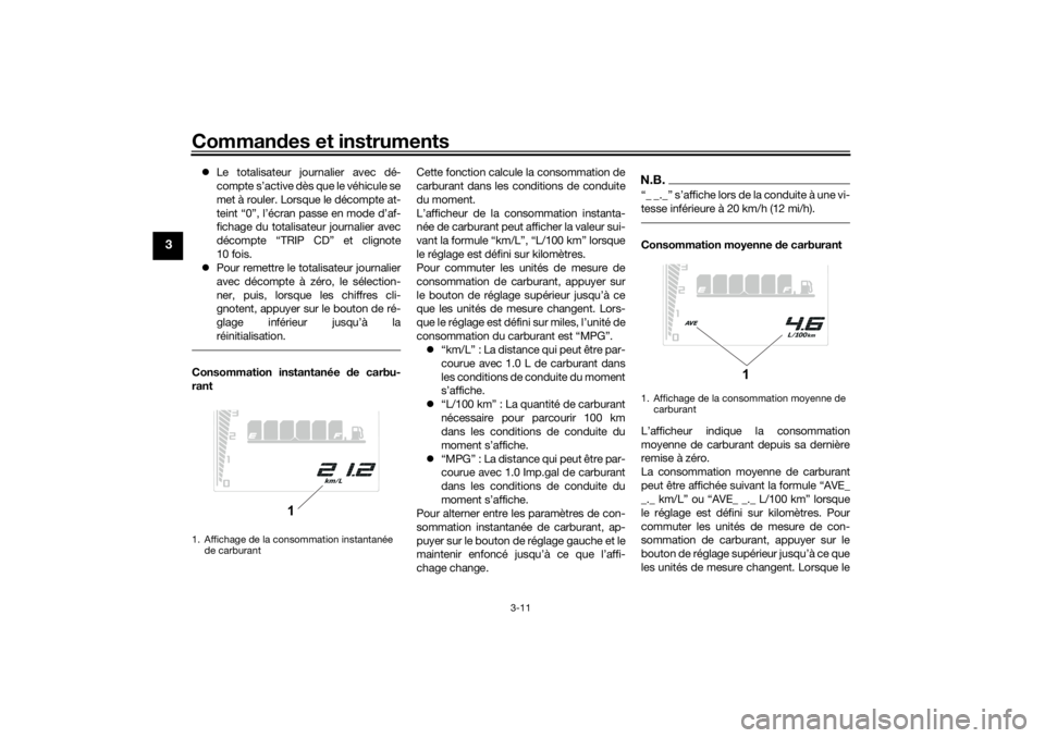 YAMAHA TENERE 700 2021  Notices Demploi (in French) Commandes et instruments
3-11
3
 Le totalisateur journalier avec dé-
compte s’active dès que le véhicule se
met à rouler. Lorsque le décompte at-
teint “0”, l’écran passe en mode d’