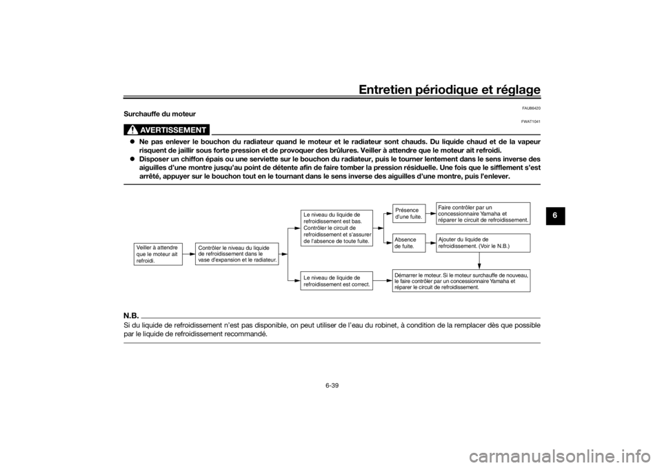 YAMAHA TENERE 700 2021  Notices Demploi (in French) Entretien périodique et réglage
6-39
6
FAU86420
Surchauffe  du moteur
AVERTISSEMENT
FWAT1041
 Ne pas enlever le bouchon  du ra diateur quan d le moteur et le ra diateur sont chau ds. Du liqui de 