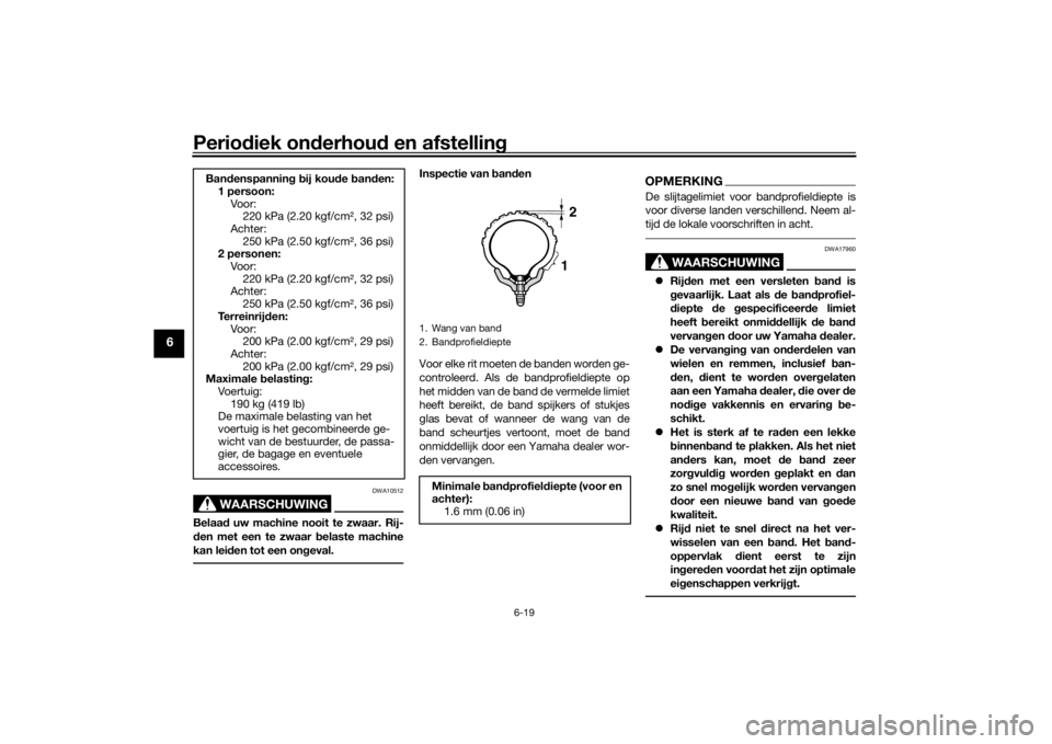 YAMAHA TENERE 700 2021  Instructieboekje (in Dutch) Periodiek on derhou d en afstelling
6-19
6
WAARSCHUWING
DWA10512
Belaa d uw machine nooit te zwaar. Rij-
d en met een te zwaar  belaste machine
kan lei den tot een on geval.
Inspectie van  ban den
Voo