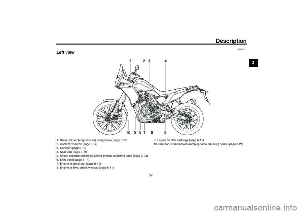 YAMAHA TENERE 700 2020 User Guide Description
2-1
2
EAU10411
Left view
1
2
3
4
6
5 10
7
9
8
1. Rebound damping force adjusting screw (page 3-23)
2. Coolant reservoir (page 6-14)
3. Canister (page 6-10)
4. Seat lock (page 3-19)
5. Shoc YAMAHA TENERE 700 2020 User Guide Description
2-1
2
EAU10411
Left view
1
2
3
4
6
5 10
7
9
8
1. Rebound damping force adjusting screw (page 3-23)
2. Coolant reservoir (page 6-14)
3. Canister (page 6-10)
4. Seat lock (page 3-19)
5. Shoc