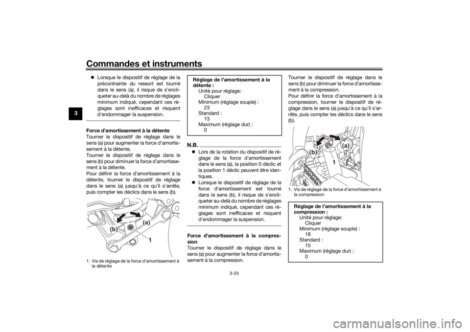 YAMAHA TENERE 700 2020  Notices Demploi (in French) Commandes et instruments
3-25
3
Lorsque le dispositif de réglage de la
précontrainte du ressort est tourné
dans le sens (a), il risque de s’encli-
queter au-delà du nombre de réglages
minimu