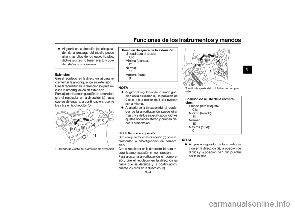 YAMAHA TENERE 700 RALLY EDITION 2021  Manuale de Empleo (in Spanish) Funciones de los instrumentos y man dos
3-24
3
 Al girarlo en la dirección (a), el regula-
dor de la precarga del muelle puede
girar más clics de los especificados;
dichos ajustes no tienen efect