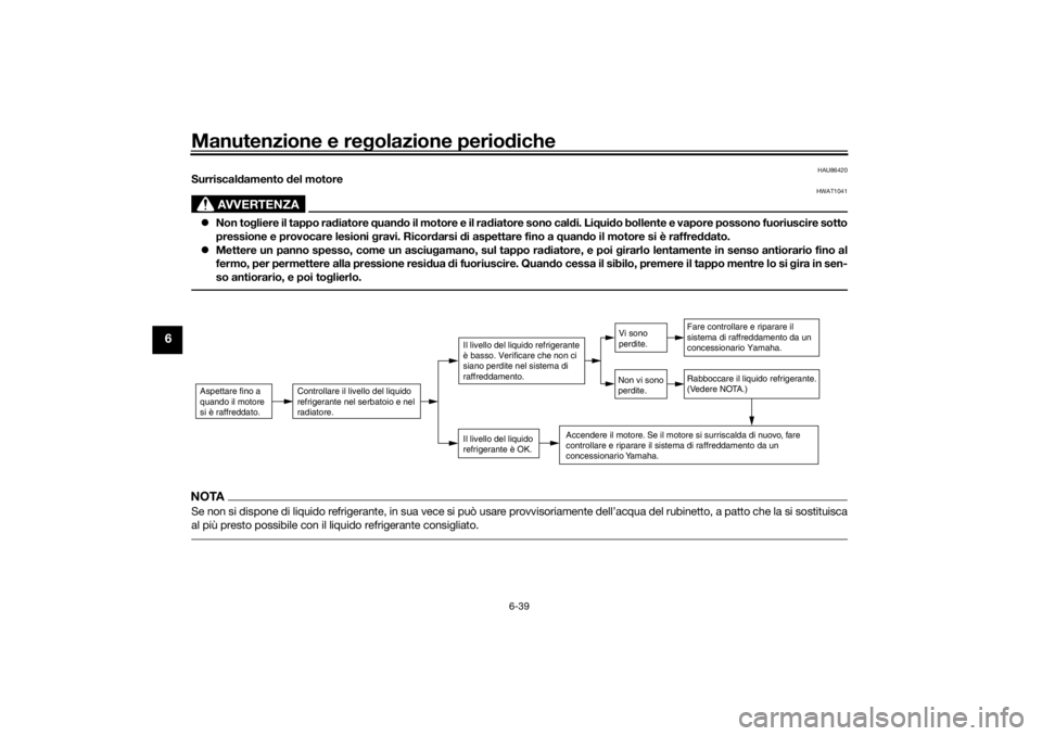 YAMAHA TENERE 700 RALLY EDITION 2021  Manuale duso (in Italian) Manutenzione e regolazione perio diche
6-39
6
HAU86420
Surriscal damento  del motore
AVVERTENZA
HWAT1041
 Non to gliere il tappo rad iatore quand o il motore e il ra diatore sono cal di. Li qui do 