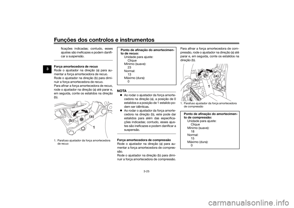 YAMAHA TENERE 700 RALLY EDITION 2021  Manual de utilização (in Portuguese) Funções dos controlos e instrumentos
3-25
3
ficações indicadas; contudo, esses
ajustes são ineficazes e podem danifi-
car a suspensão.
Força amorteced ora de recuo
Rode o ajustador na direção