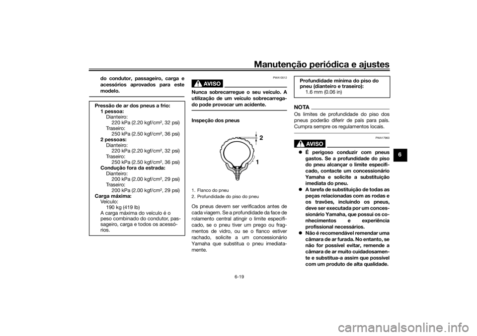 YAMAHA TENERE 700 RALLY EDITION 2021  Manual de utilização (in Portuguese) Manutenção periódica e ajustes
6-19
6
do con dutor, passageiro, carga e
acessórios aprova dos para este
mo delo.
AVISO
PWA10512
Nunca sobrecarregue o seu veículo. A
utilização  de um veículo s