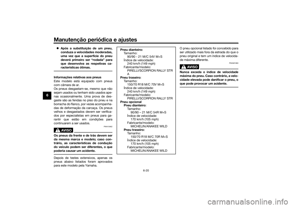 YAMAHA TENERE 700 RALLY EDITION 2021  Manual de utilização (in Portuguese) Manutenção periódica e ajustes
6-20
6
 Após a substituição d e um pneu,
con duza a veloci dad es mo dera das,
uma vez que a superfície  do pneu
d everá primeiro ser “ro dad a” para
que 