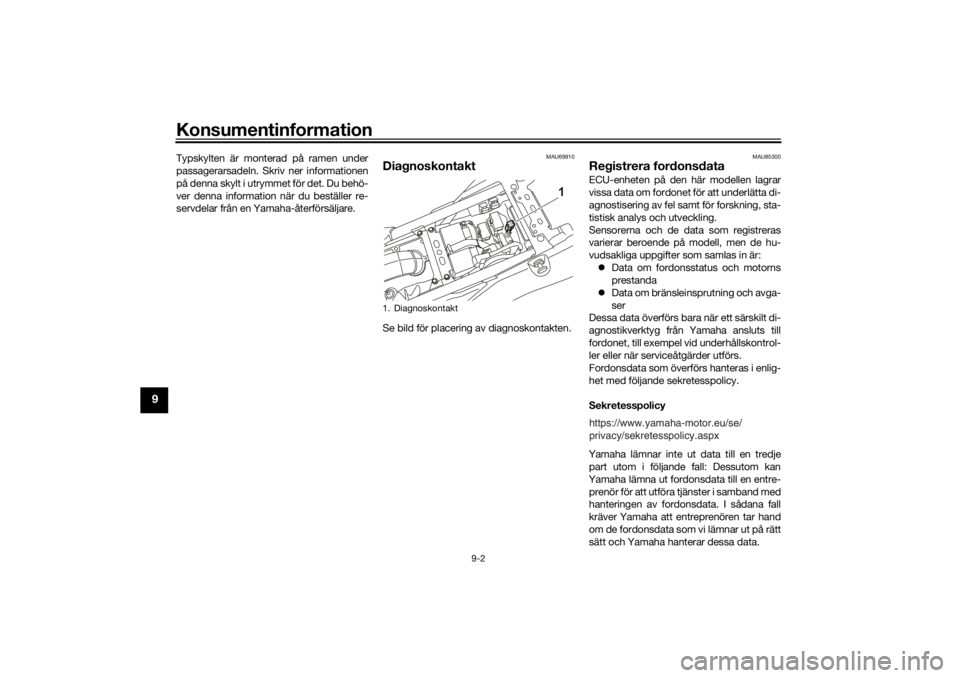 YAMAHA TENERE 700 RALLY EDITION 2021  Bruksanvisningar (in Swedish) Konsumentinformation
9-2
9
Typskylten är monterad på ramen under
passagerarsadeln. Skriv ner informationen
på denna skylt i utrymmet för det. Du behö-
ver denna information när du beställer re-