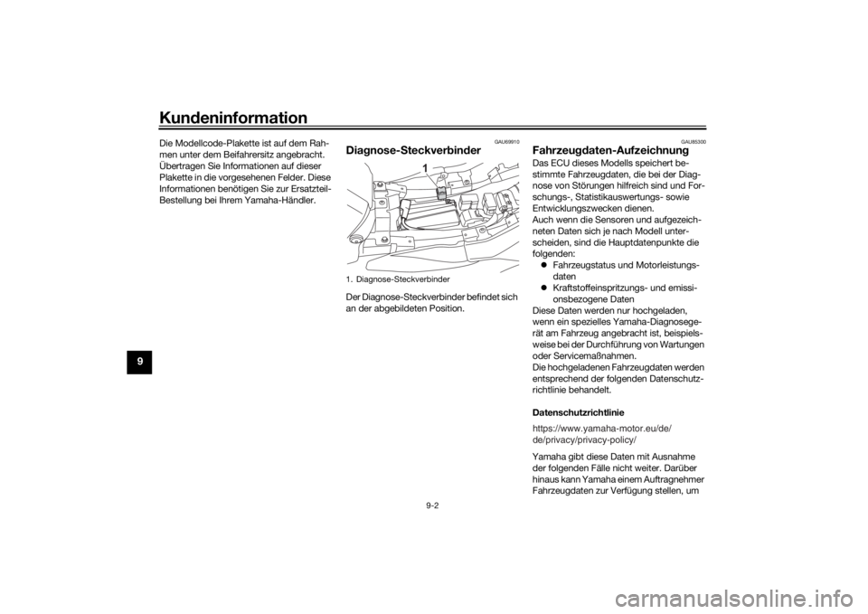 YAMAHA TRACER 7 2022  Betriebsanleitungen (in German) Kundeninformation
9-2
9
Die Modellcode-Plakette ist auf dem Rah-
men unter dem Beifahrersitz angebracht. 
Übertragen Sie Informationen auf dieser 
Plakette in die vorgesehenen Felder. Diese 
Informat