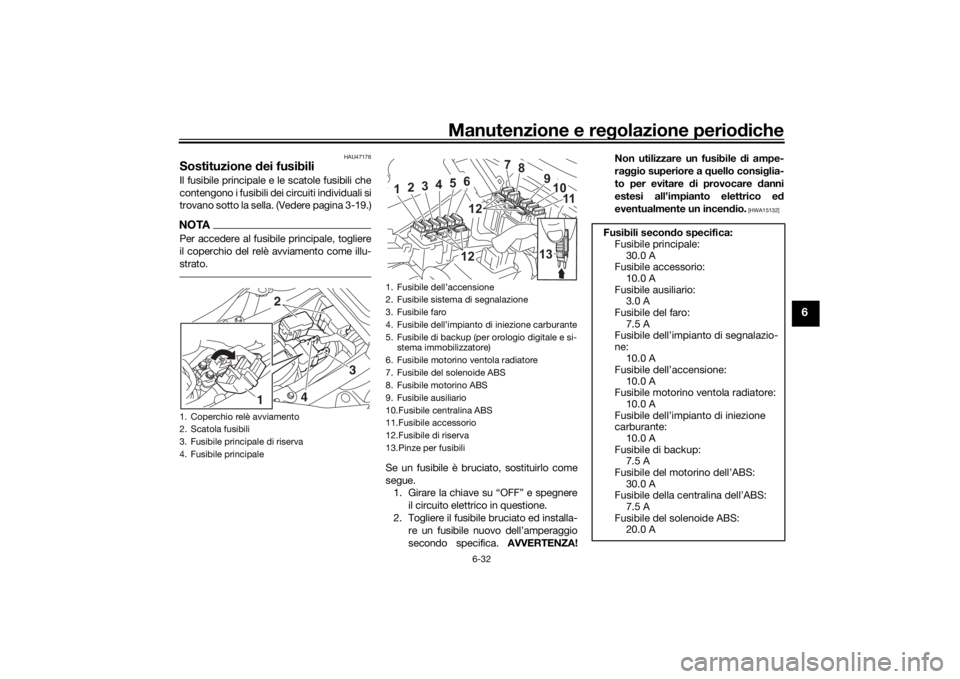 YAMAHA TRACER 7 2022  Manuale duso (in Italian) Manutenzione e regolazione perio diche
6-32
6
HAU47176
Sostituzione  dei fusibiliIl fusibile principale e le scatole fusibili che
contengono i fusibili dei circuiti individuali si
trovano sotto la sel