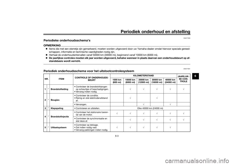 YAMAHA TRACER 700 2021  Instructieboekje (in Dutch) Periodiek on derhoud  en afstelling
6-3
6
DAU71033
Periodieke on derhou dsschema’sOPMERKING Items die met een sterretje zijn gemarkeerd, moeten worden uitgevoerd door uw Yamaha-dealer omdat hierv YAMAHA TRACER 700 2021  Instructieboekje (in Dutch) Periodiek on derhoud  en afstelling
6-3
6
DAU71033
Periodieke on derhou dsschema’sOPMERKING Items die met een sterretje zijn gemarkeerd, moeten worden uitgevoerd door uw Yamaha-dealer omdat hierv