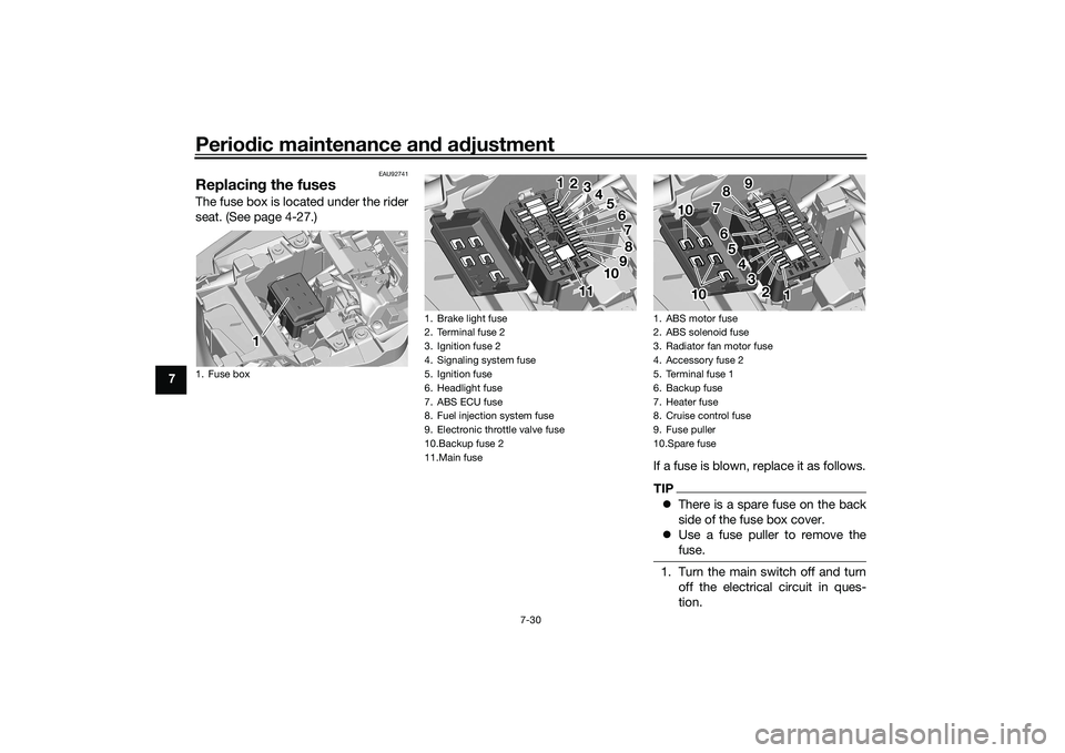 YAMAHA TRACER 900 2021  Owners Manual Periodic maintenance an d a djustment
7-30
7
EAU92741
Replacin g the fusesThe fuse box is located under the rider
seat. (See page 4-27.)
If a fuse is blown, replace it as follows.
TIPThere is a spa