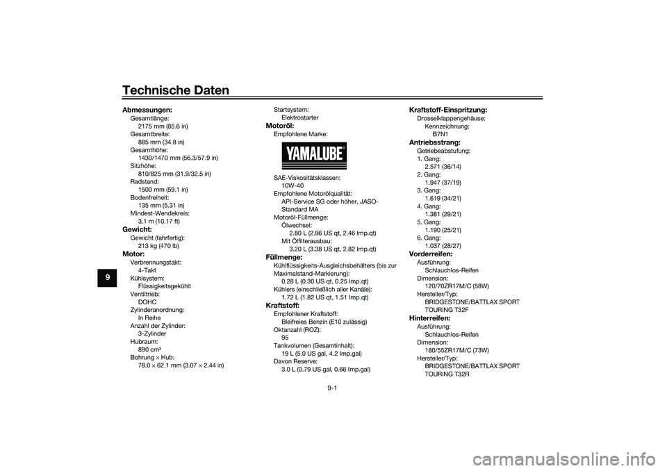 YAMAHA TRACER 900 2021  Betriebsanleitungen (in German) Technische Daten
9-1
9
Abmessun gen:Gesamtlänge:
2175 mm (85.6 in)
Gesamtbreite:
885 mm (34.8 in)
Gesamthöhe: 1430/1470 mm (56.3/57.9 in)
Sitzhöhe: 810/825 mm (31.9/32.5 in)
Radstand:
1500 mm (59.1