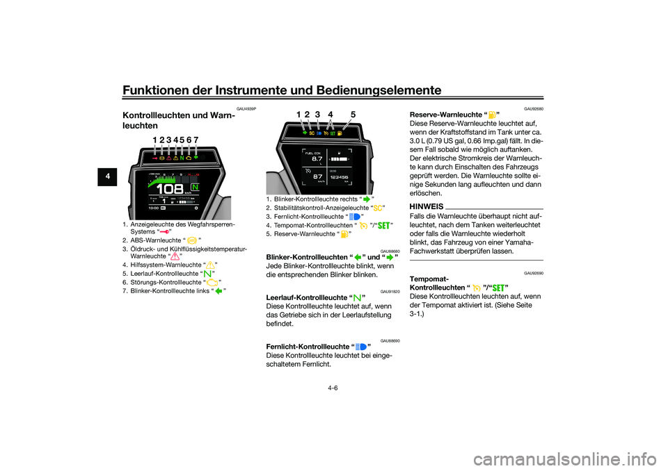 YAMAHA TRACER 900 2021 Betriebsanleitungen (in German) Funktionen der Instru mente un d Be dienun gselemente
4-6
4
GAU4939P
Kontrollleuchten un d Warn-
leuchten
GAU88680
Blinker-Kontrollleuchten “ ” un d“”
Jede Blinker-Kontrollleuchte blinkt, wenn YAMAHA TRACER 900 2021 Betriebsanleitungen (in German) Funktionen der Instru mente un d Be dienun gselemente
4-6
4
GAU4939P
Kontrollleuchten un d Warn-
leuchten
GAU88680
Blinker-Kontrollleuchten “ ” un d“”
Jede Blinker-Kontrollleuchte blinkt, wenn