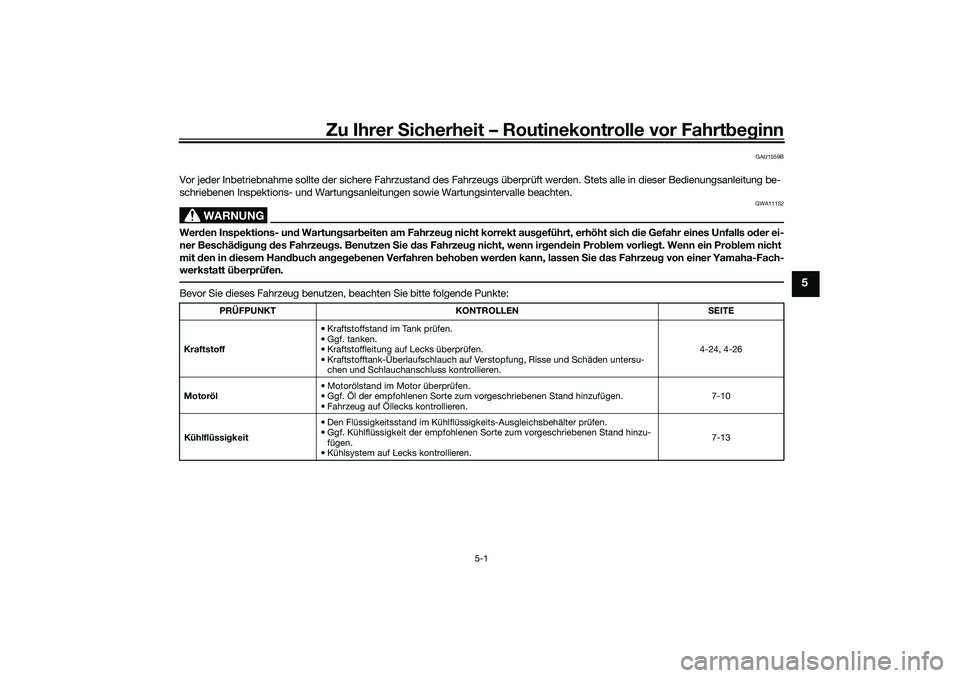 YAMAHA TRACER 900 2021  Betriebsanleitungen (in German) Zu Ihrer Sicherheit – Routinekontrolle vor Fahrt beg inn
5-1
5
GAU1559B
Vor jeder Inbetriebnahme sollte der sichere Fahrzustand des Fahrzeugs überprüft werden. Stets alle in dieser Bedienungsanlei