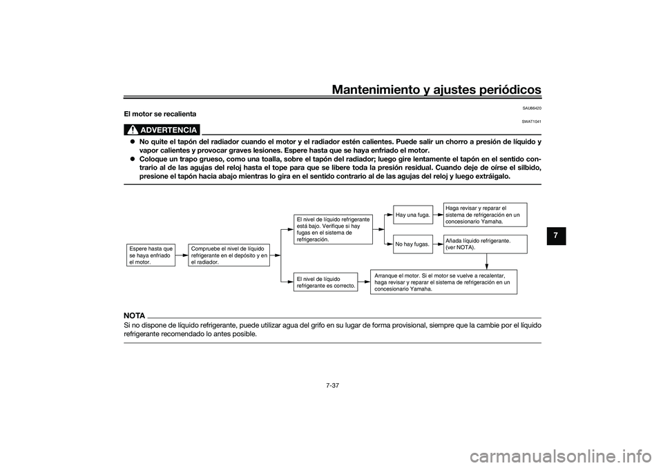 YAMAHA TRACER 900 2021  Manuale de Empleo (in Spanish) Mantenimiento y ajustes periódicos7-37
7
SAU86420
El motor se recalienta
ADVERTENCIA
SWAT1041
 No quite el tapón  del ra dia dor cuan do el motor y el ra dia dor estén calientes. Pue de salir un