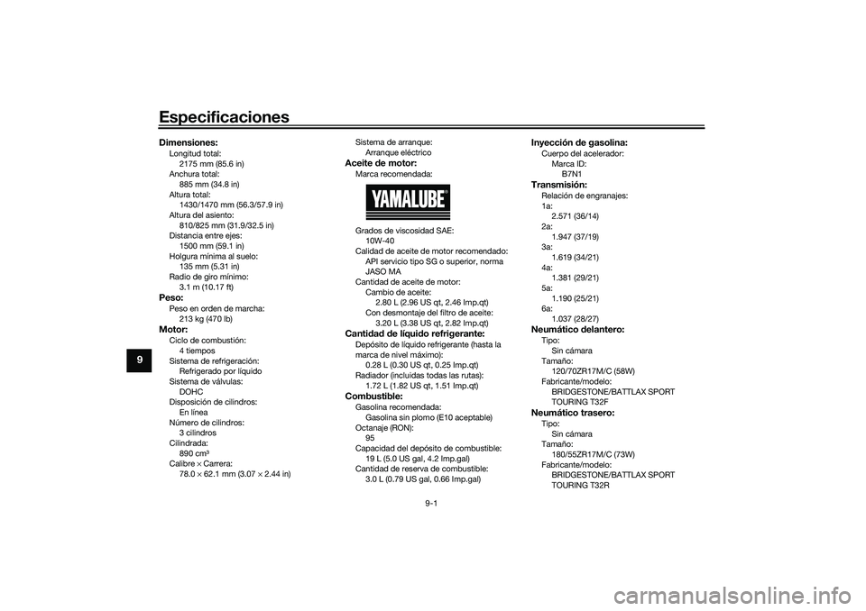 YAMAHA TRACER 900 2021  Manuale de Empleo (in Spanish) Especificaciones
9-1
9
Dimensiones:Longitud total:2175 mm (85.6 in)
Anchura total:
885 mm (34.8 in)
Altura total: 1430/1470 mm (56.3/57.9 in)
Altura del asiento: 810/825 mm (31.9/32.5 in)
Distancia en