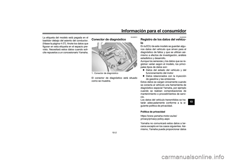 YAMAHA TRACER 900 2021 Manuale de Empleo (in Spanish) Información para el consumidor
10-2
10
La etiqueta del modelo está pegada en el
bastidor debajo del asiento del conductor.
(Véase la página 4-27). Anote los datos que
figuran en esta etiqueta en e YAMAHA TRACER 900 2021 Manuale de Empleo (in Spanish) Información para el consumidor
10-2
10
La etiqueta del modelo está pegada en el
bastidor debajo del asiento del conductor.
(Véase la página 4-27). Anote los datos que
figuran en esta etiqueta en e