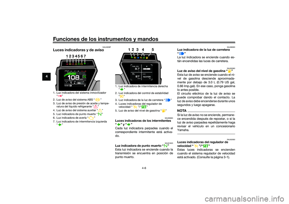YAMAHA TRACER 900 2021 Manuale de Empleo (in Spanish) Funciones de los instrumentos y man dos
4-6
4
SAU4939P
Luces in dica doras y de aviso
SAU88680
Luces in dica doras de los intermitentes
“” y“”
Cada luz indicadora parpadea cuando el
corresp YAMAHA TRACER 900 2021 Manuale de Empleo (in Spanish) Funciones de los instrumentos y man dos
4-6
4
SAU4939P
Luces in dica doras y de aviso
SAU88680
Luces in dica doras de los intermitentes
“” y“”
Cada luz indicadora parpadea cuando el
corresp