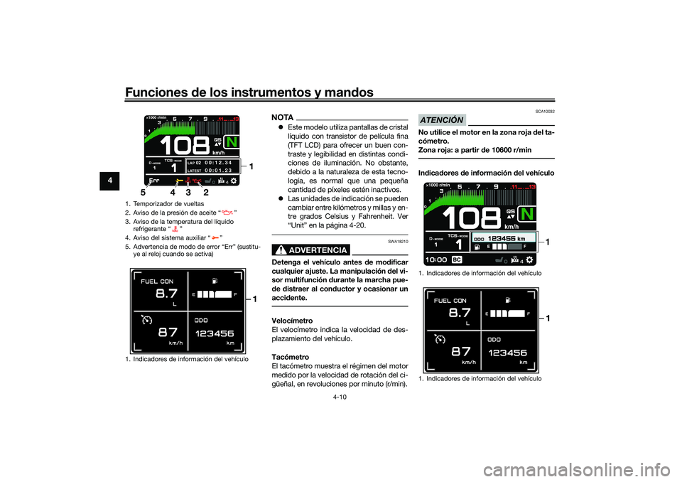 YAMAHA TRACER 900 2021 Manuale de Empleo (in Spanish) Funciones de los instrumentos y man dos
4-10
4
NOTA Este modelo utiliza pantallas de cristal
líquido con transistor de película fina
(TFT LCD) para ofrecer un buen con-
traste y legibilidad en di YAMAHA TRACER 900 2021 Manuale de Empleo (in Spanish) Funciones de los instrumentos y man dos
4-10
4
NOTA Este modelo utiliza pantallas de cristal
líquido con transistor de película fina
(TFT LCD) para ofrecer un buen con-
traste y legibilidad en di