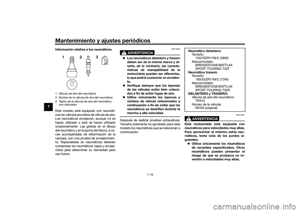 YAMAHA TRACER 900 2021  Manuale de Empleo (in Spanish) Mantenimiento y ajustes periódicos
7-18
7
Información relativa a los neumáticos
Este modelo está equipado con neumáti-
cos sin cámara provistos de válvula de aire.
Los neumáticos envejecen, au