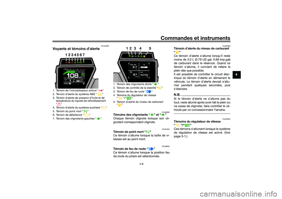 YAMAHA TRACER 900 2021 Notices Demploi (in French) Commandes et instruments
4-6
4
FAU4939P
Voyants et témoins d’alerte
FAU88680
Témoins des clignotants “ ” et “ ”
Chaque témoin clignote lorsque son cli-
gnotant correspondant clignote.
F YAMAHA TRACER 900 2021 Notices Demploi (in French) Commandes et instruments
4-6
4
FAU4939P
Voyants et témoins d’alerte
FAU88680
Témoins des clignotants “ ” et “ ”
Chaque témoin clignote lorsque son cli-
gnotant correspondant clignote.
F