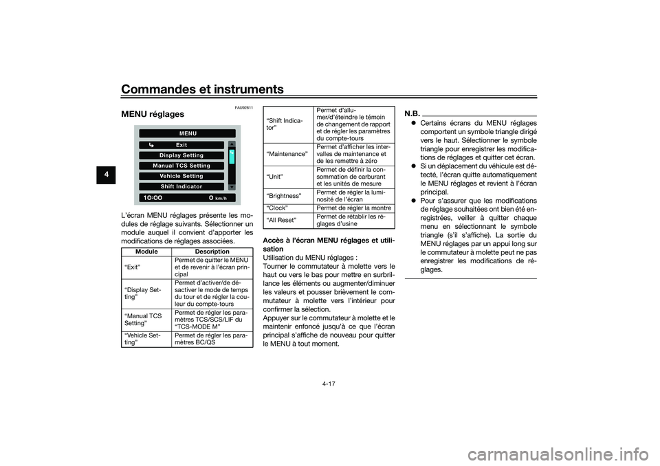 YAMAHA TRACER 900 2021  Notices Demploi (in French) Commandes et instruments
4-17
4
FAU92811
MENU réglagesL’écran MENU réglages présente les mo-
dules de réglage suivants. Sélectionner un
module auquel il convient d’apporter les
modifications