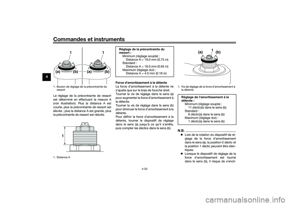 YAMAHA TRACER 900 2021 Notices Demploi (in French) Commandes et instruments
4-33
4
Le réglage de la précontrainte de ressort
est déterminé en effectuant la mesure A
(voir illustration). Plus la distance A est
courte, plus la précontrainte de ress YAMAHA TRACER 900 2021 Notices Demploi (in French) Commandes et instruments
4-33
4
Le réglage de la précontrainte de ressort
est déterminé en effectuant la mesure A
(voir illustration). Plus la distance A est
courte, plus la précontrainte de ress