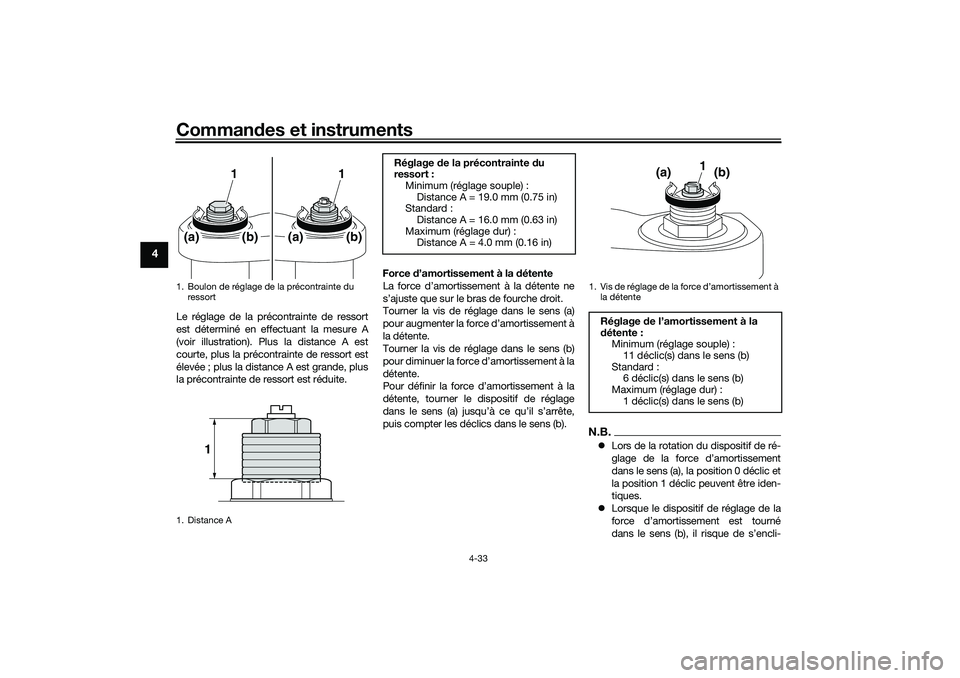 YAMAHA TRACER 900 2021  Notices Demploi (in French) Commandes et instruments
4-33
4
Le réglage de la précontrainte de ressort
est déterminé en effectuant la mesure A
(voir illustration). Plus la distance A est
courte, plus la précontrainte de ress