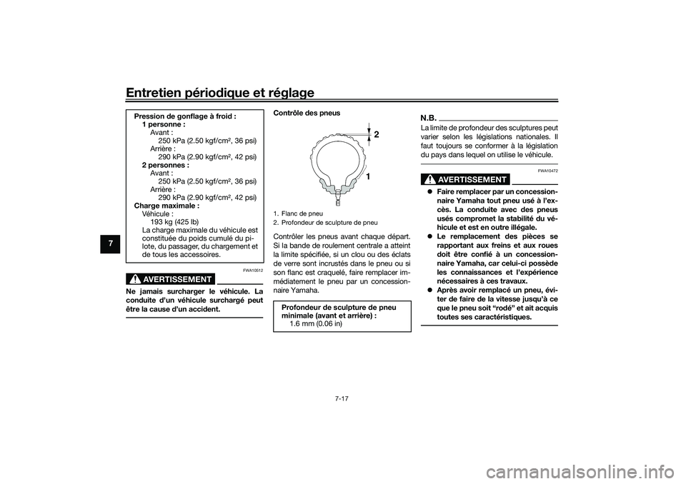 YAMAHA TRACER 900 2021 Notices Demploi (in French) Entretien périodique et réglage
7-17
7
AVERTISSEMENT
FWA10512
Ne jamais surcharger le véhicule. La
con duite d’un véhicule surchargé peut
être la cause d’un acci dent.
Contrôle des pneus YAMAHA TRACER 900 2021 Notices Demploi (in French) Entretien périodique et réglage
7-17
7
AVERTISSEMENT
FWA10512
Ne jamais surcharger le véhicule. La
con duite d’un véhicule surchargé peut
être la cause d’un acci dent.
Contrôle des pneus