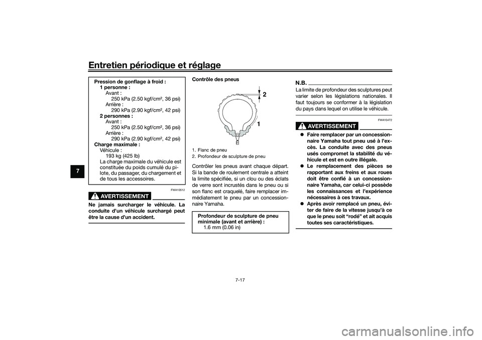 YAMAHA TRACER 900 2021  Notices Demploi (in French) Entretien périodique et réglage
7-17
7
AVERTISSEMENT
FWA10512
Ne jamais surcharger le véhicule. La
con duite  d’un véhicule surchargé peut
être la cause  d’un acci dent.
Contrôle  des pneus