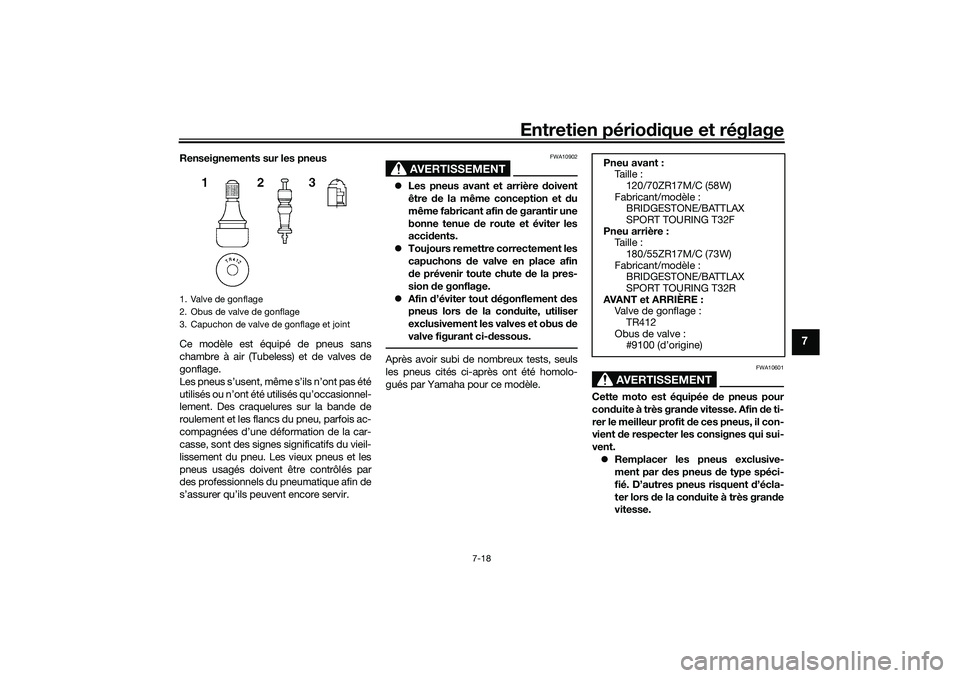 YAMAHA TRACER 900 2021 Notices Demploi (in French) Entretien périodique et réglage
7-18
7
Renseignements sur les pneus
Ce modèle est équipé de pneus sans
chambre à air (Tubeless) et de valves de
gonflage.
Les pneus s’usent, même s’ils n’o YAMAHA TRACER 900 2021 Notices Demploi (in French) Entretien périodique et réglage
7-18
7
Renseignements sur les pneus
Ce modèle est équipé de pneus sans
chambre à air (Tubeless) et de valves de
gonflage.
Les pneus s’usent, même s’ils n’o