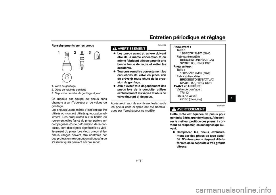 YAMAHA TRACER 900 2021  Notices Demploi (in French) Entretien périodique et réglage
7-18
7
Renseignements sur les pneus
Ce modèle est équipé de pneus sans
chambre à air (Tubeless) et de valves de
gonflage.
Les pneus s’usent, même s’ils n’o