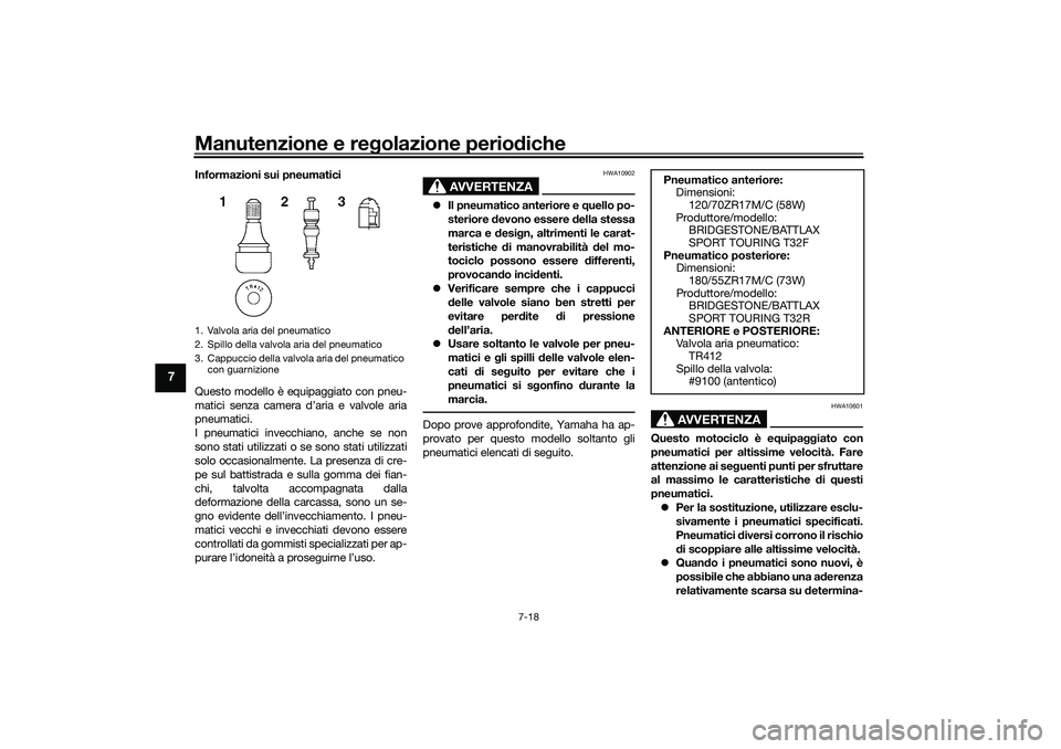 YAMAHA TRACER 900 2021 Manuale duso (in Italian) Manutenzione e regolazione perio diche
7-18
7
Informazioni sui pneumatici
Questo modello è equipaggiato con pneu-
matici senza camera d’aria e valvole aria
pneumatici.
I pneumatici invecchiano, anc YAMAHA TRACER 900 2021 Manuale duso (in Italian) Manutenzione e regolazione perio diche
7-18
7
Informazioni sui pneumatici
Questo modello è equipaggiato con pneu-
matici senza camera d’aria e valvole aria
pneumatici.
I pneumatici invecchiano, anc