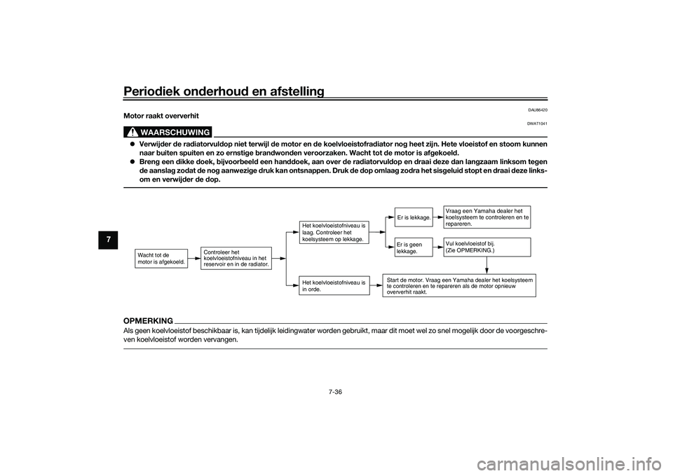 YAMAHA TRACER 900 2021  Instructieboekje (in Dutch) Periodiek on derhou d en afstelling
7-36
7
DAU86420
Motor raakt oververhit
WAARSCHUWING
DWAT1041
 Verwij der  de ra diatorvul dop niet terwijl  de motor en  de koelvloeistofra diator no g heet zijn