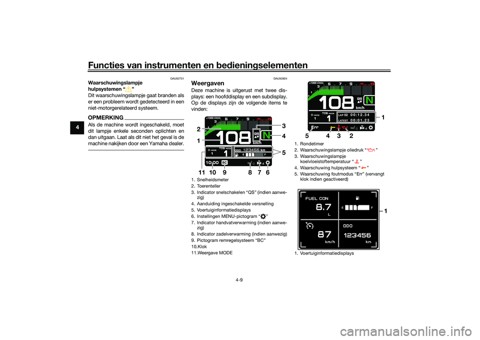 YAMAHA TRACER 900 2021 Instructieboekje (in Dutch) Functies van instrumenten en bed ienin gselementen
4-9
4
DAU92731
Waarschuwin gslampje
hulpsystemen “ ”
Dit waarschuwingslampje gaat branden als
er een probleem wordt gedetecteerd in een
niet-mot YAMAHA TRACER 900 2021 Instructieboekje (in Dutch) Functies van instrumenten en bed ienin gselementen
4-9
4
DAU92731
Waarschuwin gslampje
hulpsystemen “ ”
Dit waarschuwingslampje gaat branden als
er een probleem wordt gedetecteerd in een
niet-mot