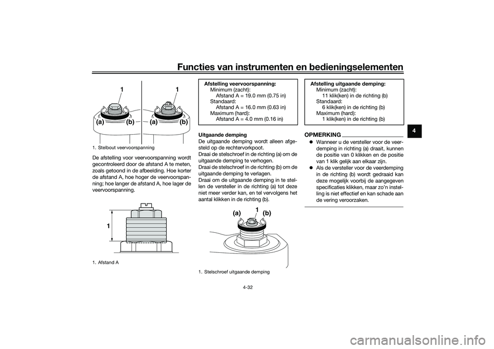YAMAHA TRACER 900 2021  Instructieboekje (in Dutch) Functies van instrumenten en bed ienin gselementen
4-32
4
De afstelling voor veervoorspanning wordt
gecontroleerd door de afstand A te meten,
zoals getoond in de afbeelding. Hoe korter
de afstand A, h