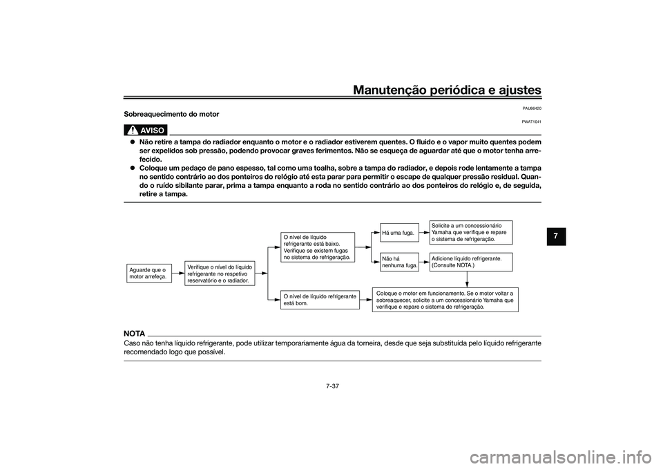 YAMAHA TRACER 900 2021  Manual de utilização (in Portuguese) Manutenção periódica e ajustes
7-37
7
PAU86420
Sobreaquecimento d o motor
AVISO
PWAT1041
Não retire a tampa d o radiador enquanto o motor e o ra dia dor estiverem quentes. O flui do e o vapor m